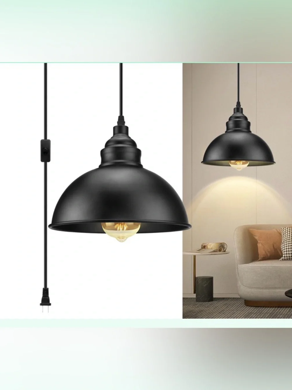 SoodMi Plug In Pendant Light, 15FT Hanging Lights With Plug In Cord,